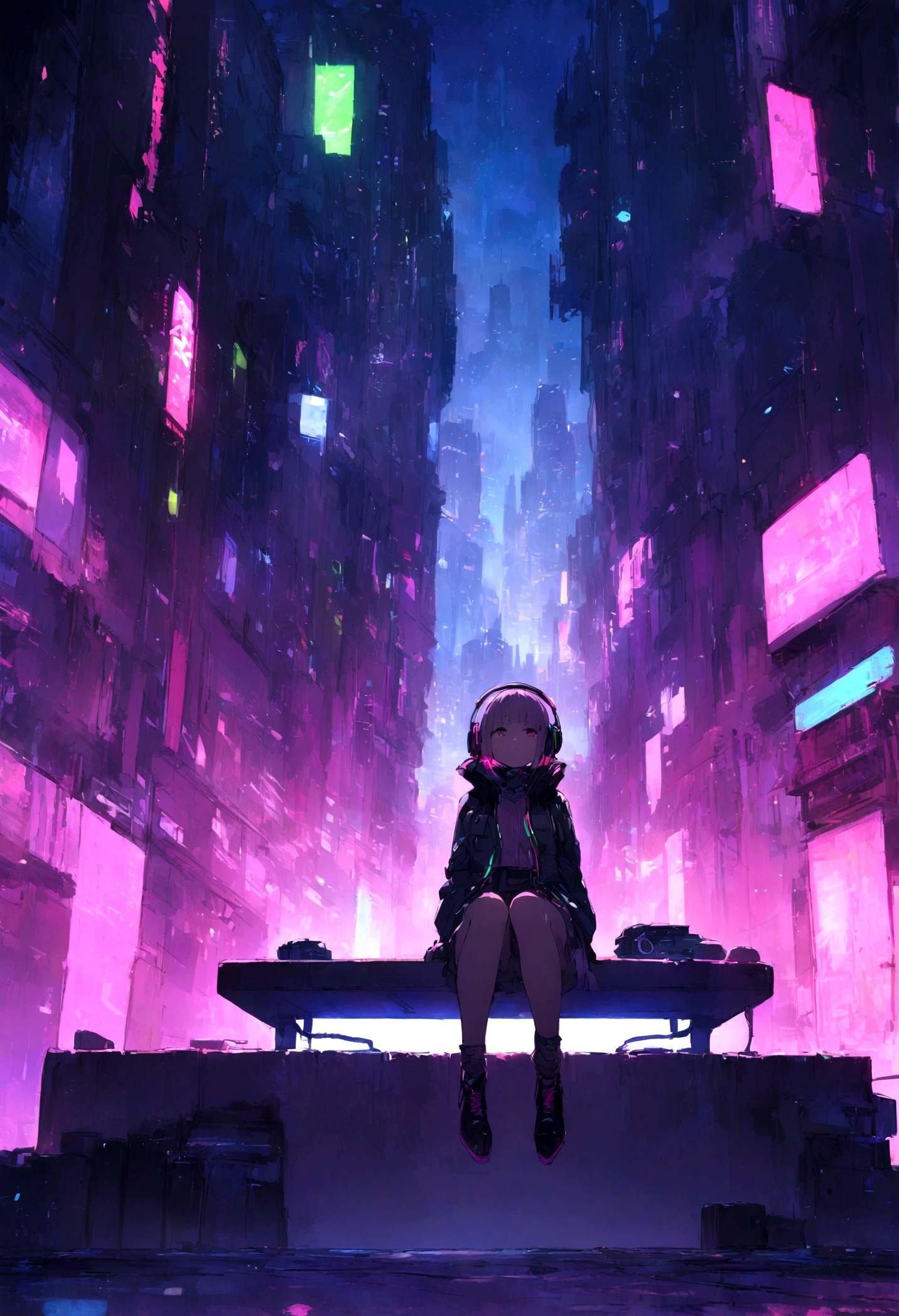 highest quality、masterpiece、night、Headphones、cyber punk、Cyber City、Sitting on high ground、Long Shot、Wide Shot、One Girl