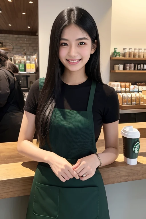 Black Hair sleek long hair 22 years old double double teeth mischievous smile refreshing Natural Makeup Ultra-realistic Starbucks ribbed knit and apron skinny pants Mole Starbucks Employee she'Brewing coffee stylish Height 160cm three size: 82.57.79