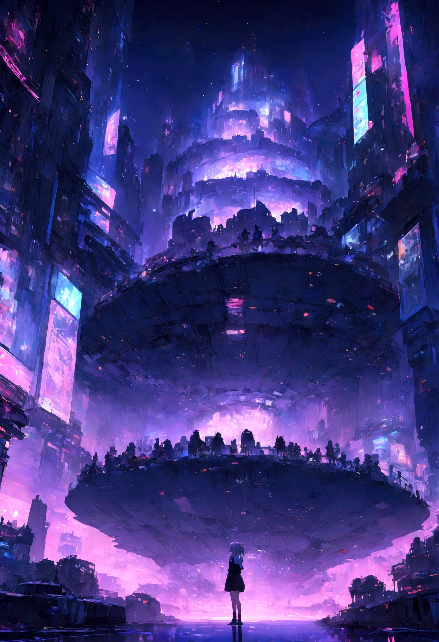 highest quality、masterpiece、night、Headphones、cyber punk、Cyber City、Sitting on high ground、Long Shot、Wide Shot、One Girl