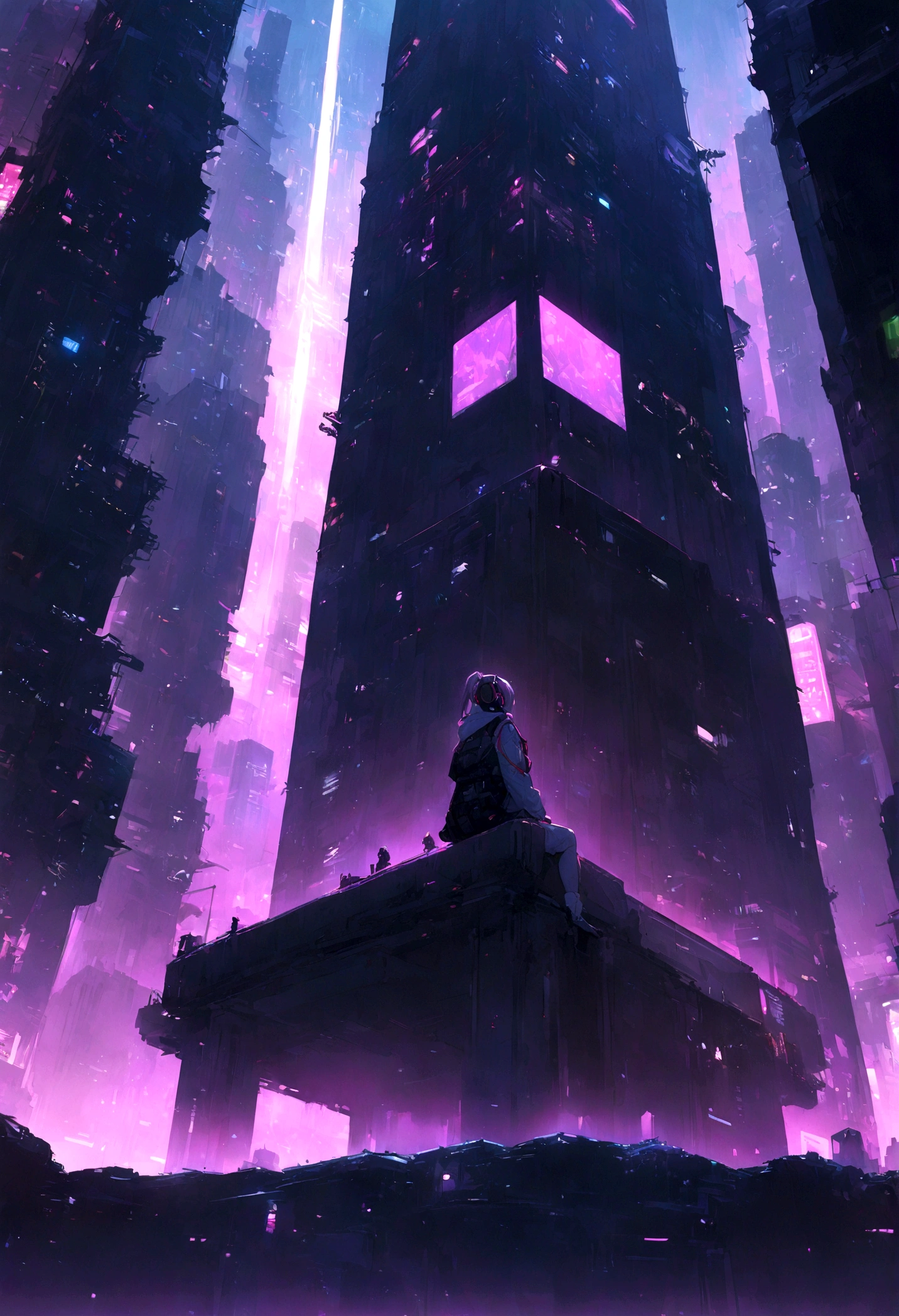 highest quality、masterpiece、night、Headphones、cyber punk、Cyber City、Sitting on high ground、Long Shot、Wide Shot、One Girl