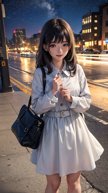 Adult Girls。cute、City of night、Looking up at the stars in the sky、A little smile、Composition from below、Tons of stars、