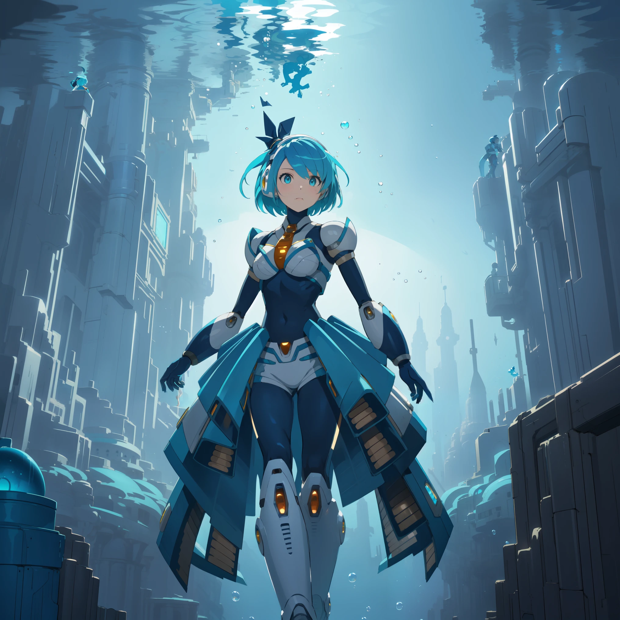 rico_megamanxdive, 1girl, solo, blue eyes, short hair, blue hair, android, high quality, masterpiece, standing in an underwater city with lots of bubbles, in the style of yuumei, intricate architectures, indigo, miniature illumination, daniel f. gerhartz