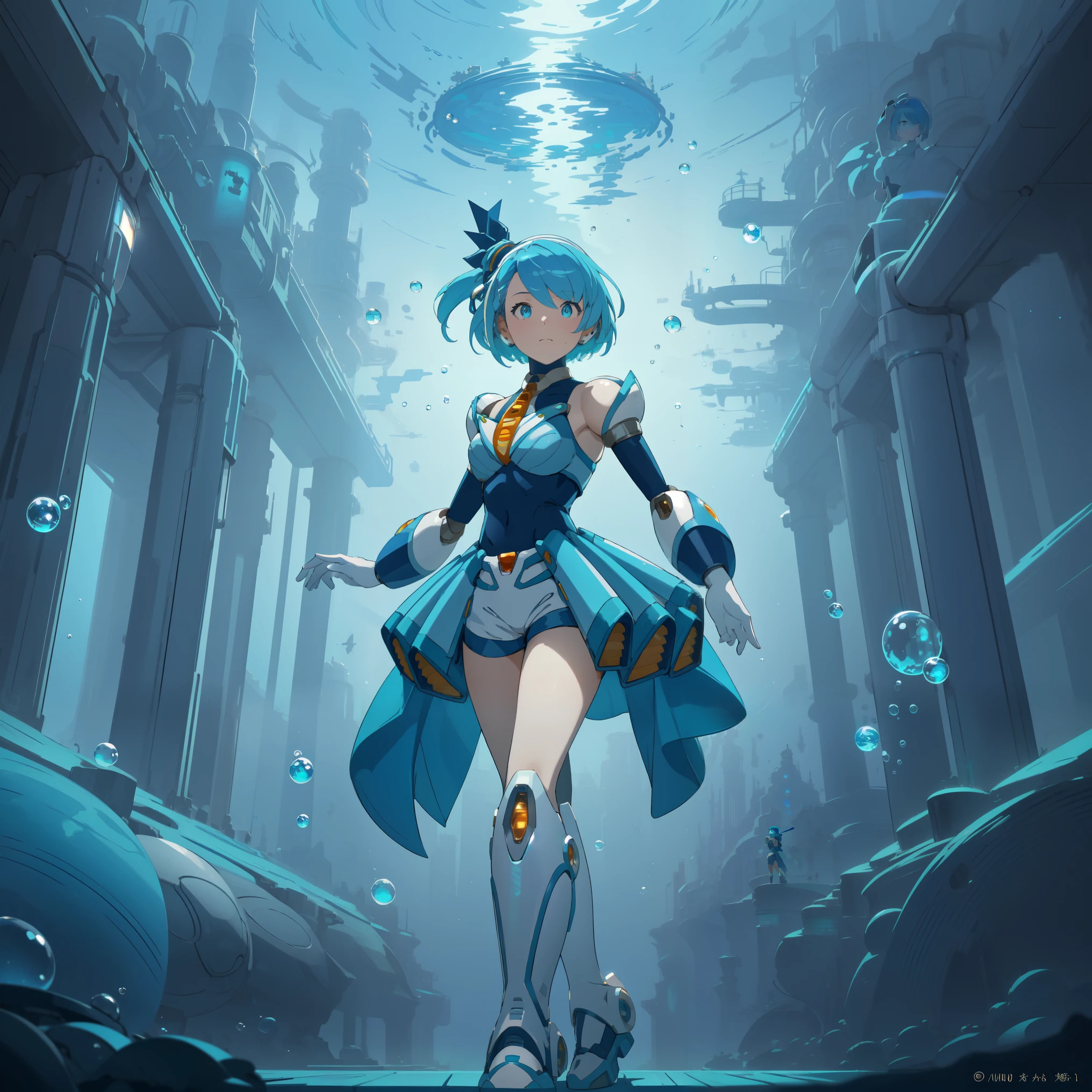 rico_megamanxdive, 1girl, solo, blue eyes, short hair, blue hair, android, high quality, masterpiece, standing in an underwater city with lots of bubbles, in the style of yuumei, intricate architectures, indigo, miniature illumination, daniel f. gerhartz