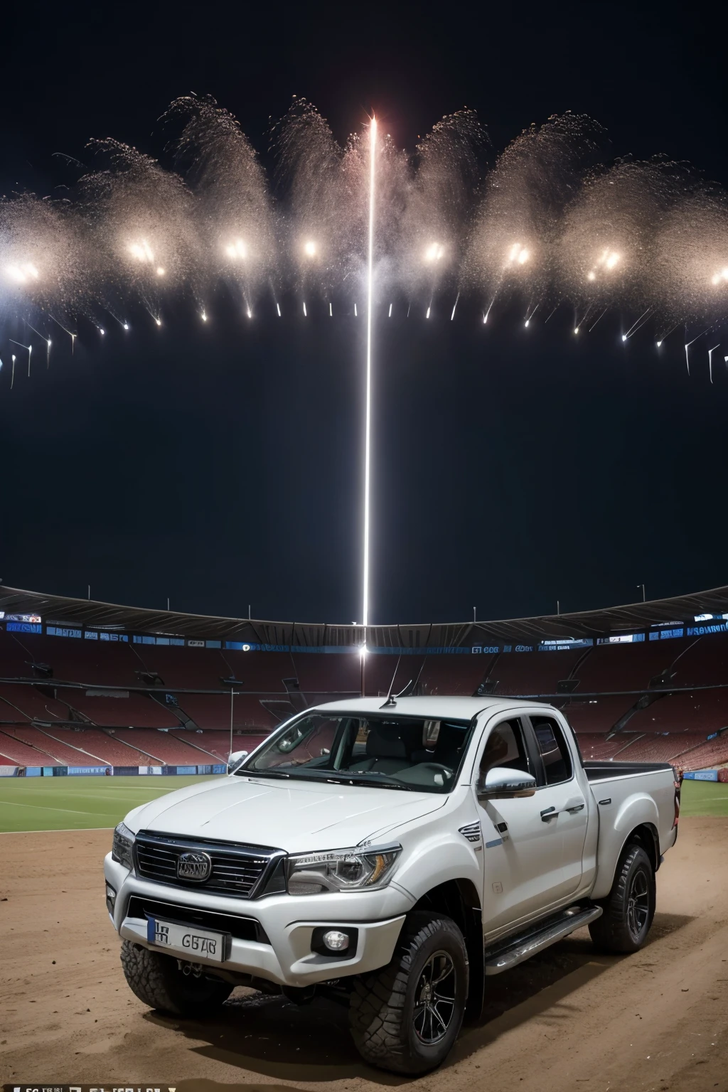 Criar um garoto moreno, with a red Hilux in the center of the Maracanã football stadium, celebrating an Argentine title alongside Messi