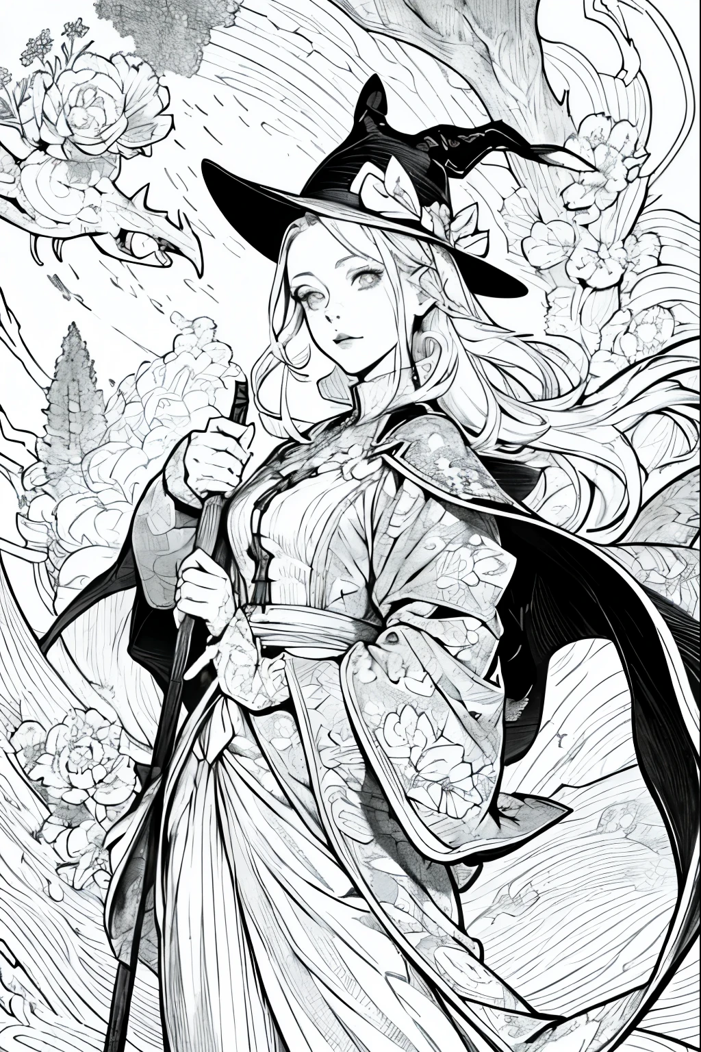 A painting of a costumed woman holding a hat and a walking stick, Manga drawn by Junpei Sato, Pixiv, Gothic art, pencil and Ink Manga, Beautiful line art, Pencil and ink cartoon, Shirow Masamuneスタイル, Shirow Masamune, Ink Manga, Very detailed fan art, Complex manga drawing