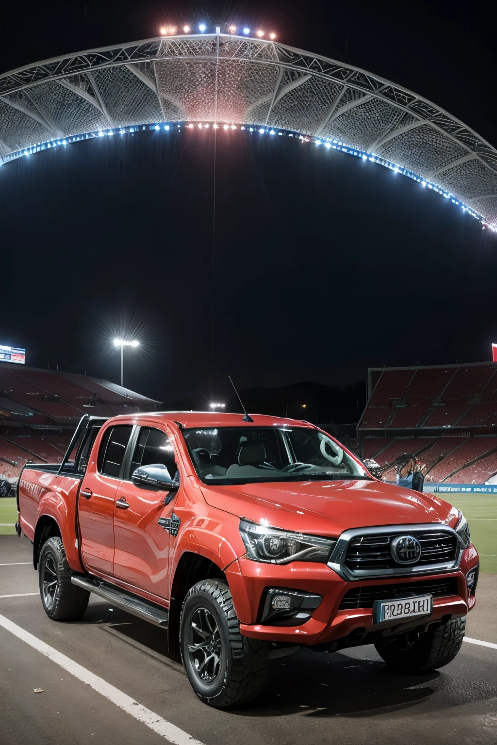 Criar um garoto moreno, with a red Hilux in the center of the Maracanã football stadium, celebrating an Argentine title alongside Messi