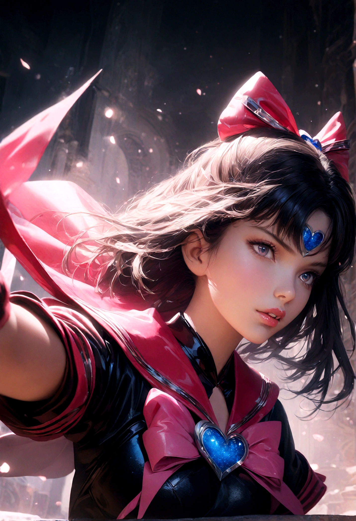 1girl, sailor Saturn, bishoujo senshi sailor moon, elegant detailed eyes, detailed facial features, long eyelashes, beautiful detailed lips, elegant detailed pose, highly detailed, masterpiece, 4k, hyper realistic, photorealistic, cinematic lighting, dynamic composition, intricate details, vibrant colors, soft dreamy atmosphere, magical girl fantasy