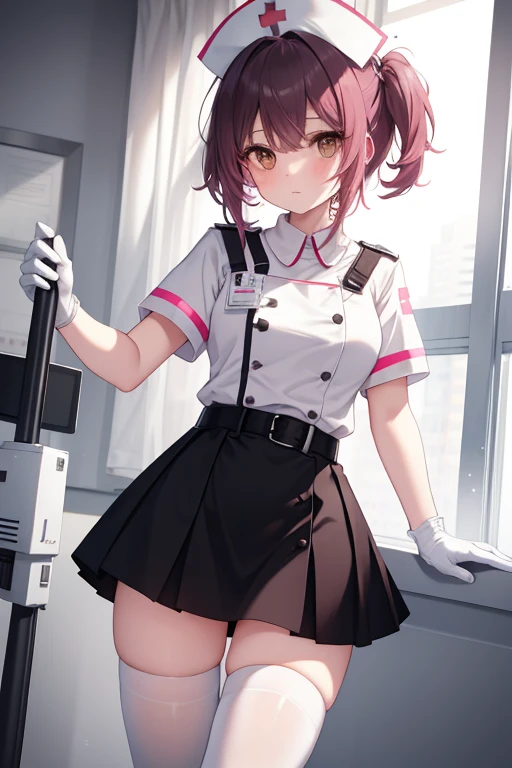 1girl, solo, nurse, nurse cap, white wear, ((white legwear, zettai ryouiki)), white gloves, pink hair, drooping eyes, ((covered nose)), standing, ((hospital room)), sharp outline, short sleeves, best quality, masterpiece,Fleshy,Brown eyes,Fleshy,Black hair,happy,lol,Heart,belt,Black clothes,Exposing underwear,Black lingerie,miniskirt