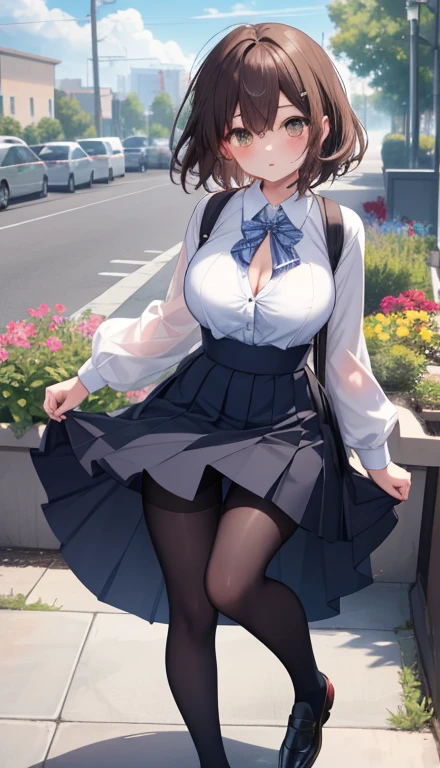 One Girl、Positive、From above、Full body portrait、Brown haired、Medium Haircut、blush、Absolute area、Knee socks、stockings、hose、lace pantyWhite underwear、Cleavage、Le cut shirt、Unbutton your shirt、Shirt buttons fly off、Nalue checkered pleated skirt、Very short skirt、garden、Daytime、(Very big boobs)、((Full Body Les)、masterpiece、(highlity)、Panties around the ankles、loafers、d blows up my skirt