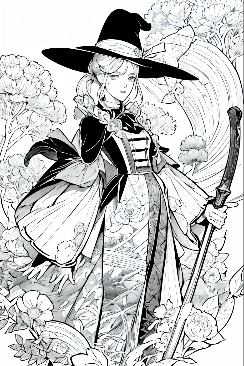 A painting of a costumed woman holding a hat and a walking stick, Manga drawn by Junpei Sato, Pixiv, Gothic art, pencil and Ink Manga, Beautiful line art, Pencil and ink cartoon, Shirow Masamuneスタイル, Shirow Masamune, Ink Manga, Very detailed fan art, Complex manga drawing