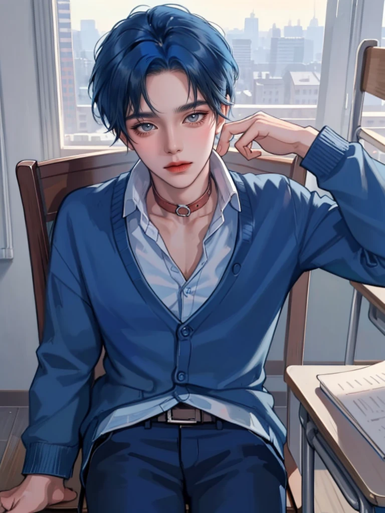 (masterpiece,best quality,1boy,young boy,cute face,deep blue hair,wearing a shirt,collar,cardigan,pant, classroom,sitting on the chair,emotionless