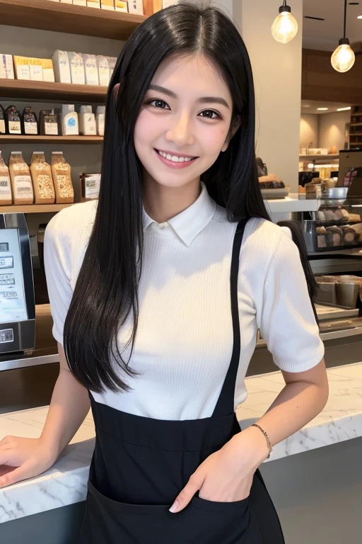 Black Hair　sleek long hair　22 years old　double　double teeth　mischievous  smile　big ears  refreshing　Natural Makeup　Ultra-realistic　Starbucks ribbed knit and apron　skinny pants　Mole　Starbucks Employee　　she&#39;Brewing coffee　stylish　Height 160cm three size: 82.57.79