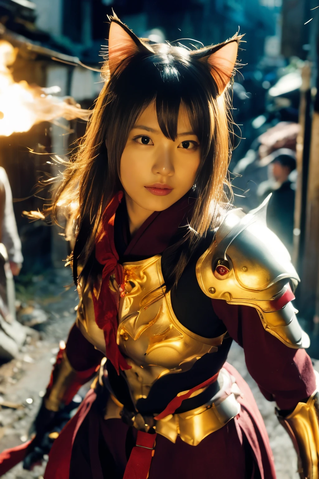 masterpiece, best quality, crisp detail, high definition, kasumi arimura, (cat ears:1.4),(fully decorated golden armor:1.5), fighting stance, dirty, sweating, blood scattered, bloodbath, carnage, fire everywhere, smoke everywhere, blood everywhere, death everywhere, japan bakumatsu period, (dead bodies, carcass, ,fire, smoke, burned japanese castle village, hell) , (traditional village background)