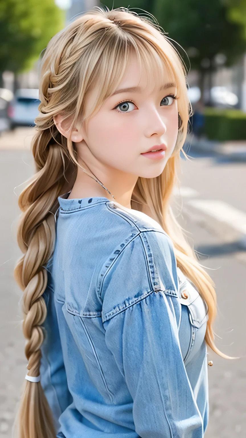 Sexy Big 、Sexy cute looks and cute 15 year old beautiful girl, beautiful and sexy face、A strong wind blows my hair in front of my face、beautiful long blonde French braided hair、beautiful, Cute and sexy eyes hidden behind long bangs