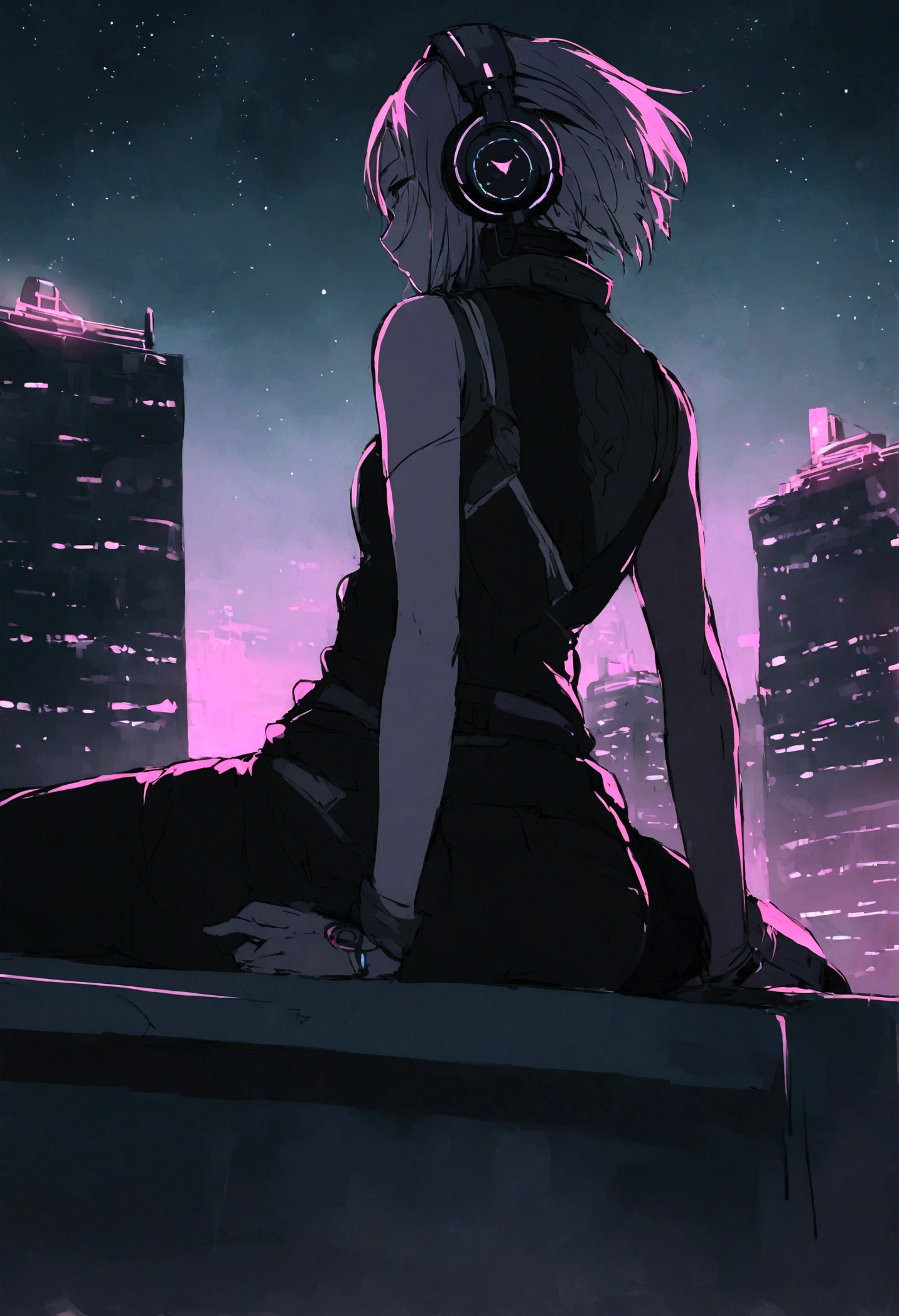 highest quality、masterpiece、night、Headphones、cyber punk、Cyber City、Sitting on high ground、Mid Shot、Looking down from the rooftop、High Position、Back view