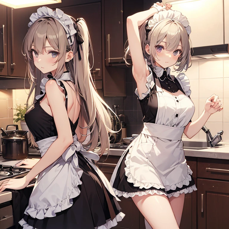 A maids, (in kitchen), various hair styles, night, details face, short skirt, seducing, sleeveless, maid uniform, armpits