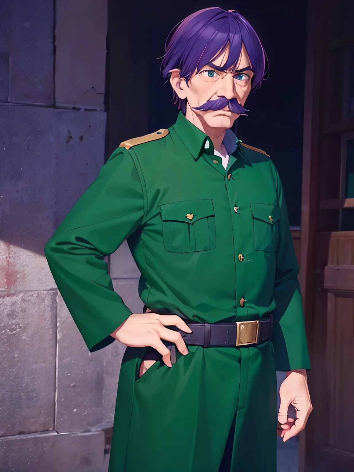 1 old man, 70 years old, ,talking,purple hair,short hair, green eyes, purple mustache, green army uniform,ultra detail, ultra HD, standing,Thin body,half body photo
