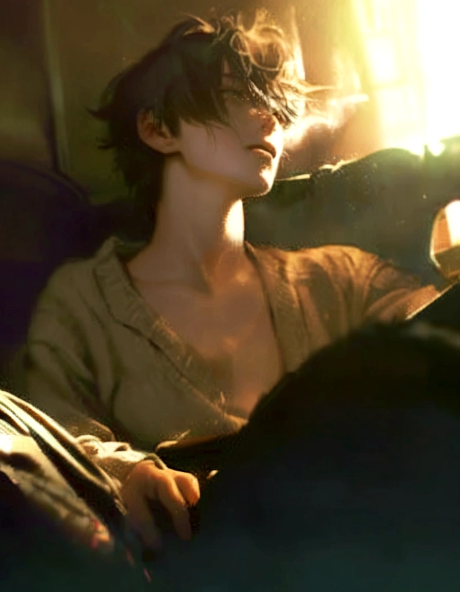 18 year old male with black hair wearing a white sweater, standing by the window in a hospital corridor, looking out the window with a sad expression, crying and laughing, (upper body display:1.5), (cinematic lighting:1.5), (extremely high detail:1.5), (best quality:1.5)
