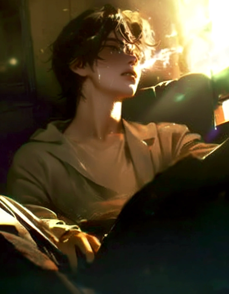 18 year old male with black hair wearing a white sweater, standing by the window in a hospital corridor, looking out the window with a sad expression, crying and laughing, (upper body display:1.5), (cinematic lighting:1.5), (extremely high detail:1.5), (best quality:1.5)