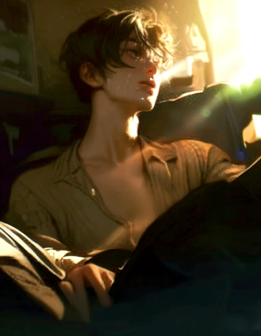 18 year old male with black hair wearing a white sweater, standing by the window in a hospital corridor, looking out the window with a sad expression, crying and laughing, (upper body display:1.5), (cinematic lighting:1.5), (extremely high detail:1.5), (best quality:1.5)