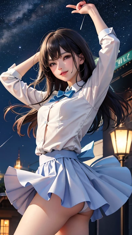 Adult Girls。cute、City of night、Looking up at the stars in the sky、A little smile、Composition from below、Tons of stars、Dancing pose、Fluttering skirt、A little bit of white panties、