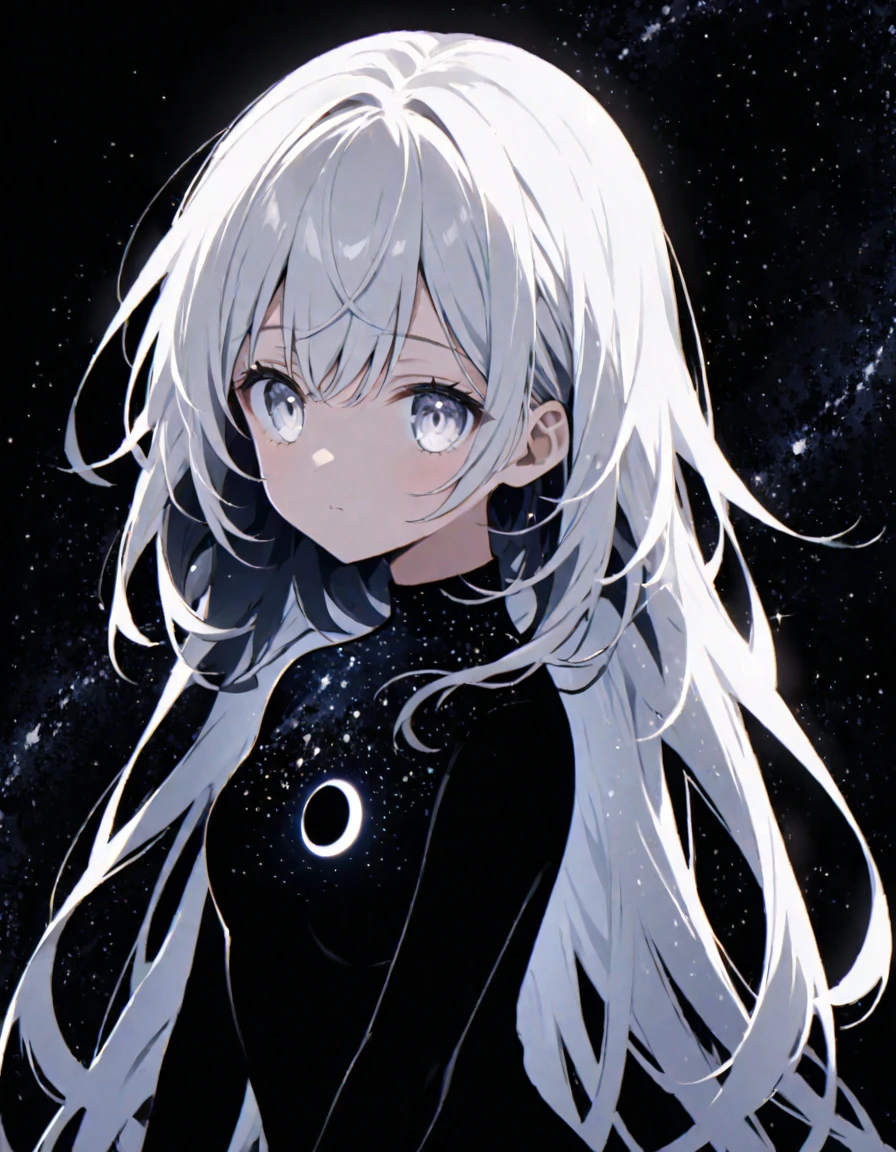 Silhouette of a girl on a black background, body in the form of a starry sky, white eyes, a black hole is distantly visible in the hair