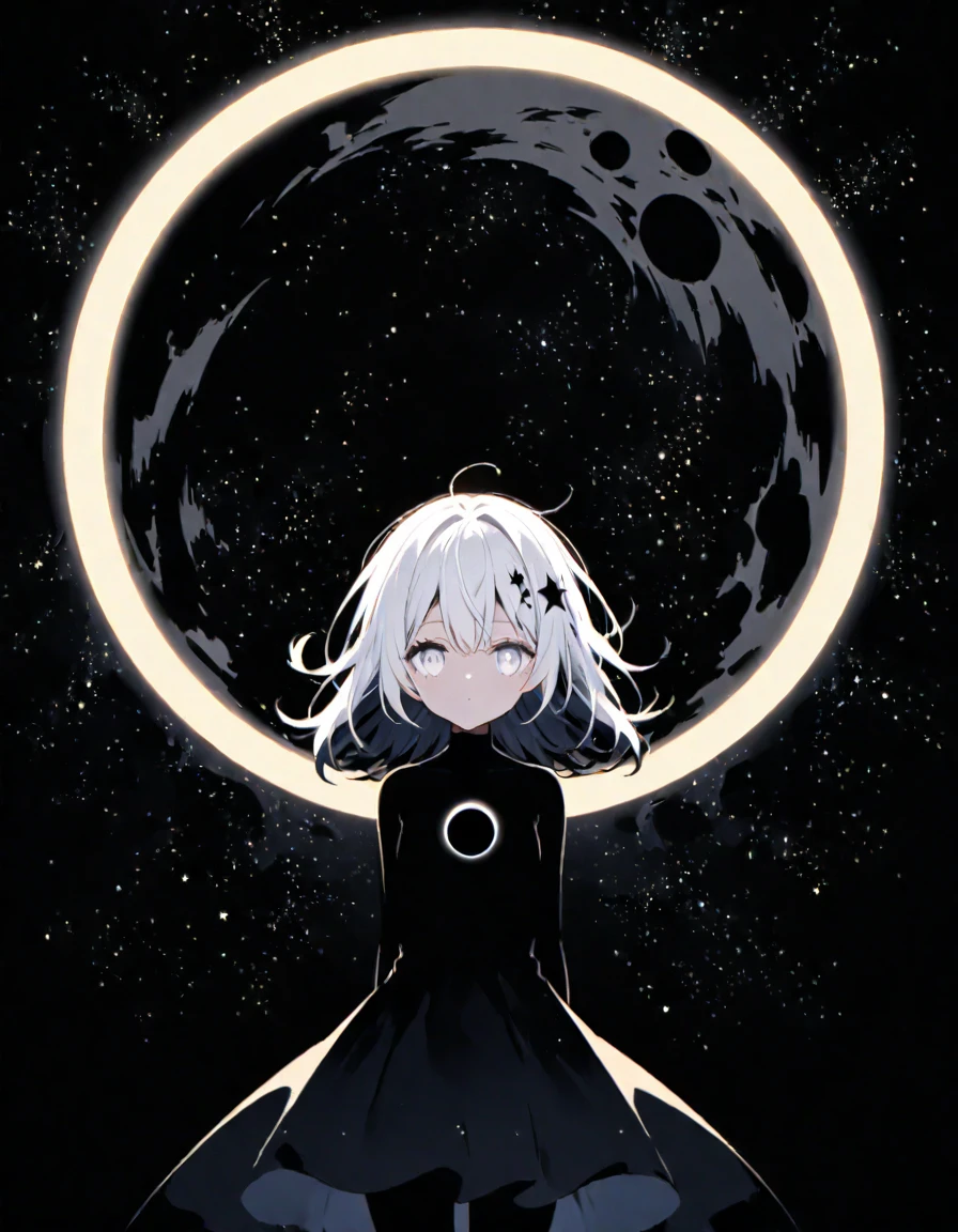 Silhouette of a girl on a black background, body in the form of a starry sky, white eyes, a black hole is distantly visible in the hair