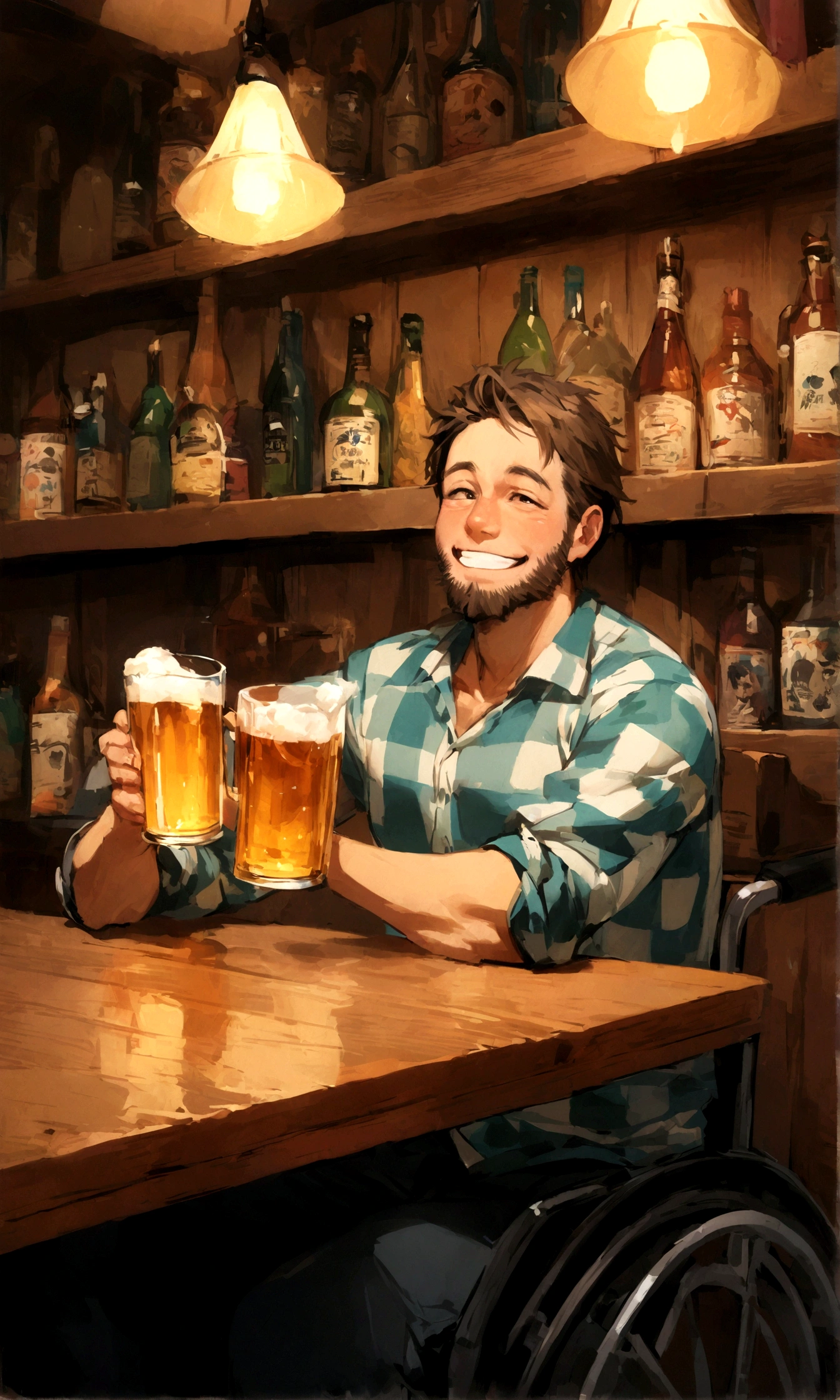 Create an image of a 35-year-old man named Alex in a lively bar. Alex is sitting in a wheelchair, with short brown hair, brown eyes, and a three-day beard. He is wearing a blue and white checkered shirt, jeans, and worn-out sneakers. Alex has a big smile on his face, with cheeks flushed from drinking.
The bar has a cozy and vibrant atmosphere, with dim lighting and brick walls adorned with vintage photos and posters. Alex is sitting at a wooden table near the dark wooden bar counter, which is lined with colorful bottles on shelves and illuminated by neon signs. Other patrons are visible in the background, chatting and laughing. Alex is holding up a beer glass, smiling broadly, clearly enjoying himself despite being a bit tipsy.