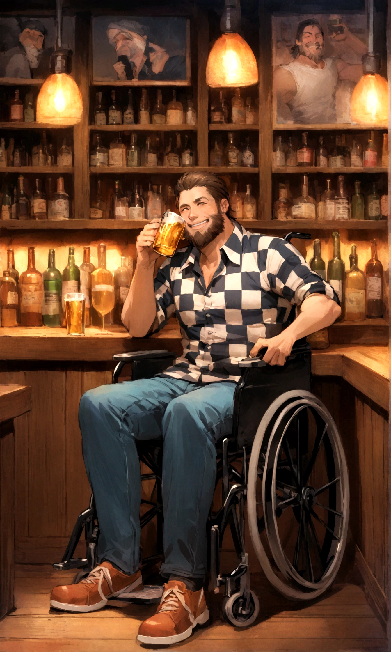 Create an image of a 35-year-old man named Alex in a lively bar. Alex is sitting in a wheelchair, with short brown hair, brown eyes, and a three-day beard. He is wearing a blue and white checkered shirt, jeans, and worn-out sneakers. Alex has a big smile on his face, with cheeks flushed from drinking.
The bar has a cozy and vibrant atmosphere, with dim lighting and brick walls adorned with vintage photos and posters. Alex is sitting at a wooden table near the dark wooden bar counter, which is lined with colorful bottles on shelves and illuminated by neon signs. Other patrons are visible in the background, chatting and laughing. Alex is holding up a beer glass, smiling broadly, clearly enjoying himself despite being a bit tipsy.