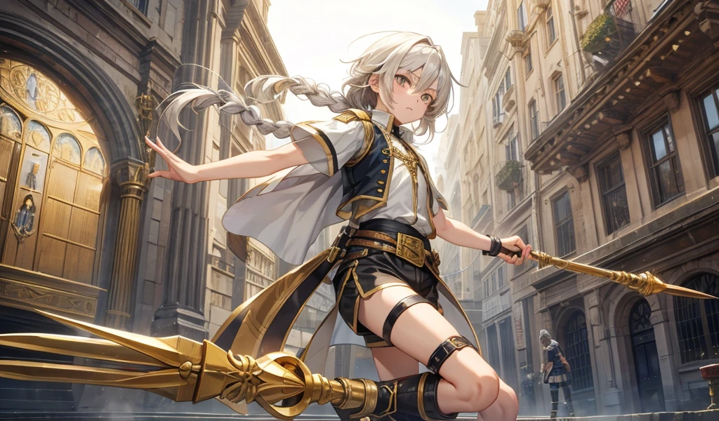 Twelve-year-old boy with long white hair and golden eyes,Single twist braid,flat chest,Very slim figure,Short sleeve vest,Waist,Thin legs,shorts,boots,spear,medieval city