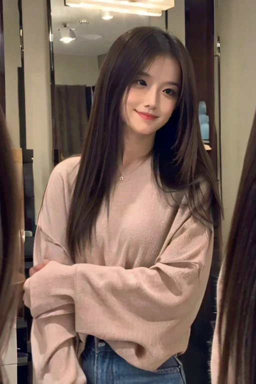 - (Best quality, 1 beautiful woman, casual outfit, long straight hair, checking hairstyle in mirror, hair salon, standing pose, pleased expression)