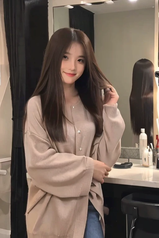 - (Best quality, 1 beautiful woman, casual outfit, long straight hair, checking hairstyle in mirror, hair salon, standing pose, pleased expression)

