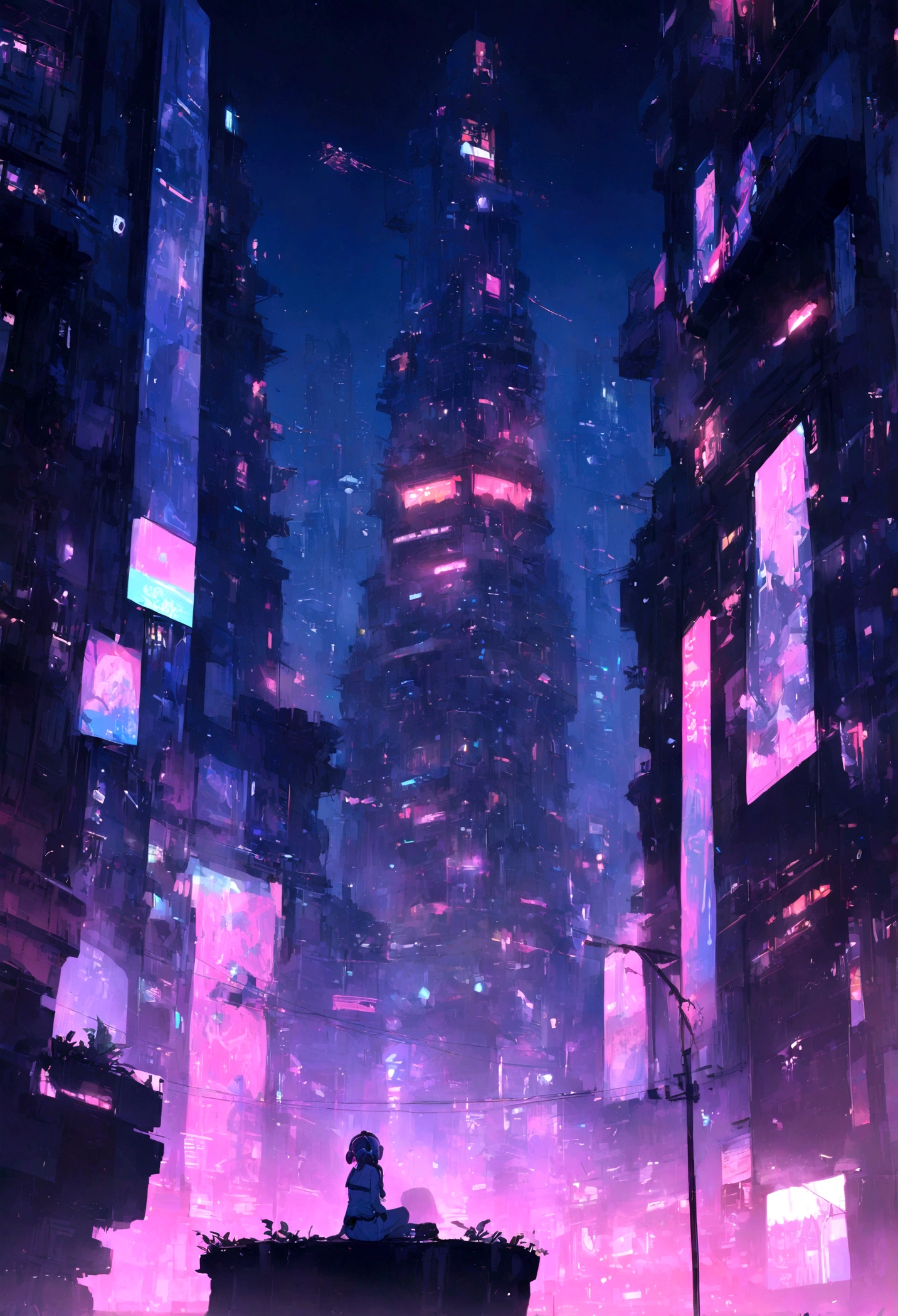 highest quality、masterpiece、night、Headphones、cyber punk、Cyber City、Sitting on high ground、Long Shot、Wide Shot、One Girl