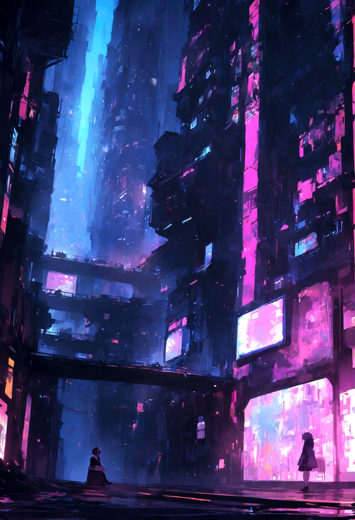 highest quality、masterpiece、night、Headphones、cyber punk、Cyber City、Sitting on high ground、Long Shot、Wide Shot、One Girl