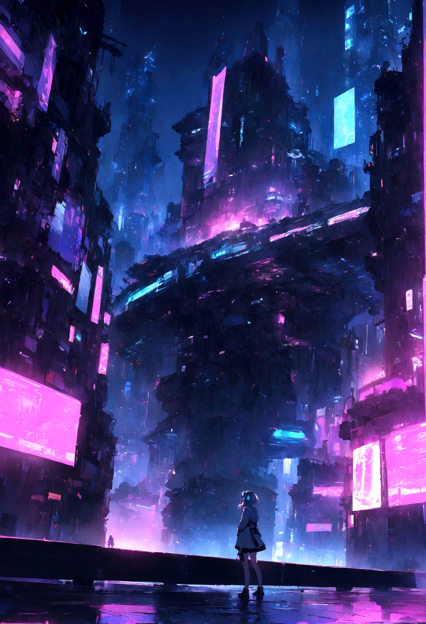 highest quality、masterpiece、night、Headphones、cyber punk、Cyber City、Sitting on high ground、Long Shot、Wide Shot、One Girl