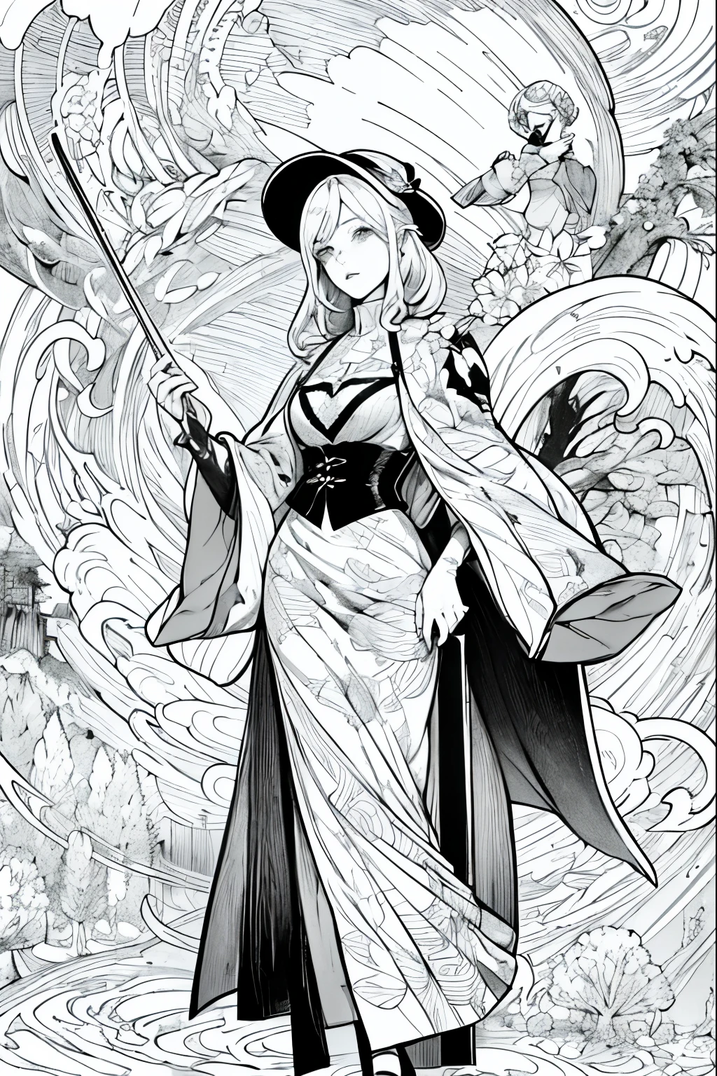 A painting of a costumed woman holding a hat and a walking stick, Manga drawn by Junpei Sato, Pixiv, Gothic art, pencil and Ink Manga, Beautiful line art, Pencil and ink cartoon, Shirow Masamuneスタイル, Shirow Masamune, Ink Manga, Very detailed fan art, Complex manga drawing