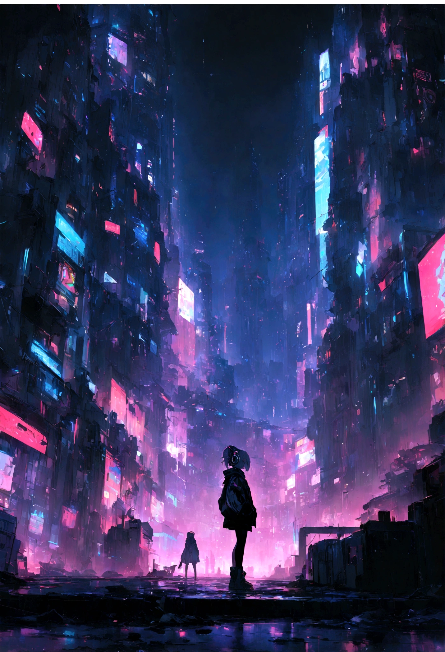 highest quality、masterpiece、night、Headphones、cyber punk、Cyber City、Sitting on high ground、Long Shot、Wide Shot、One Girl