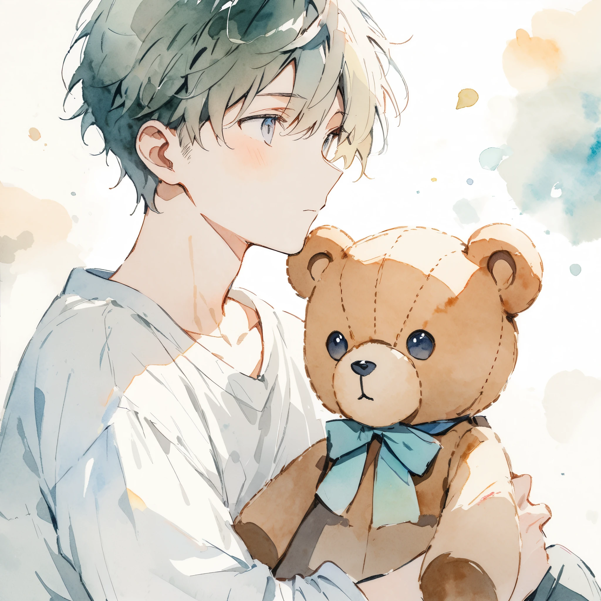 Watercolor painting, pale colors, boy in a white shirt. teddy bear.