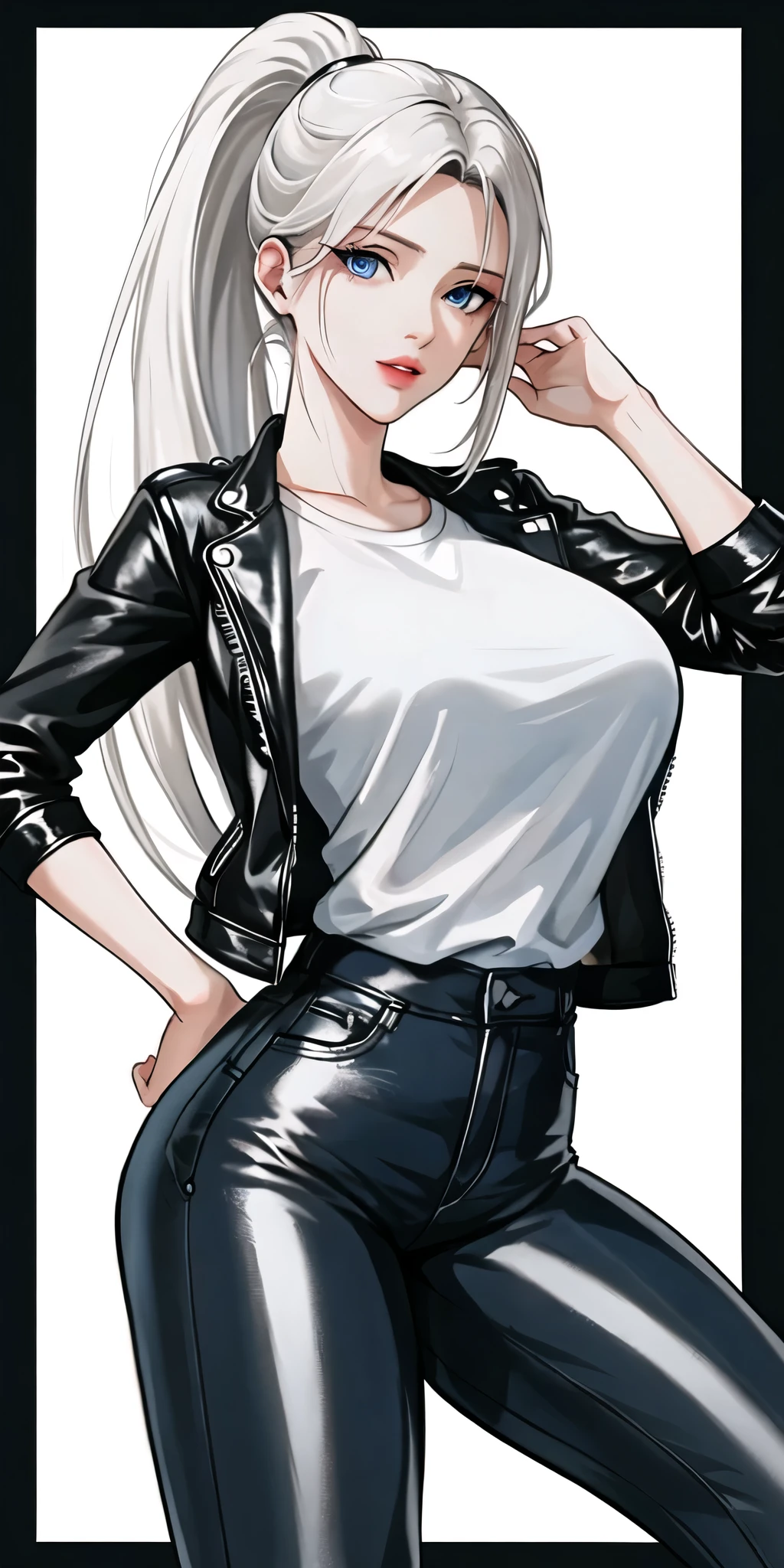 A stunning 31 year old woman stands tall, facing viewer. her tempting lips naturally parted. her dark blue eyes locked directly onto the viewer's gaze. she has long white hair styled in crossed bang between eyes, and ponytail. Her hair intakes adds beauty,She tilts her head ever so slightly. She wears white shirt and black leather jacket and black pants which highlights her perfect, mature, anatomically correct body, the quality is high, and it is a masterpiece with clear lines, and clean lining