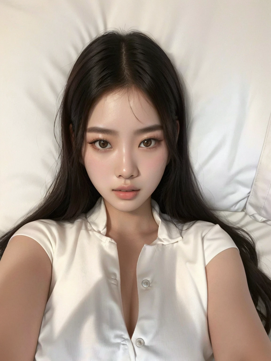 Arafed woman lying on bed with white sheets and a white pillow,  coreana, young pale and beautiful asian face, Ulzzang, beautiful  Asian, linda jovem coreana,  Asian, Jennie Blackpink, 1 8 are, Southeast Asian with round face, rosto muito bonito, 18 anos de idade, garota cara fofa, linda jovem coreana