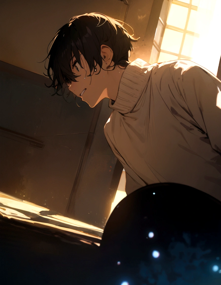 18 year old male with black hair wearing a white sweater, standing by the window in a hospital corridor, looking out the window with a sad expression, crying and laughing, (upper body display:1.5), (cinematic lighting:1.5), (extremely high detail:1.5), (best quality:1.5)