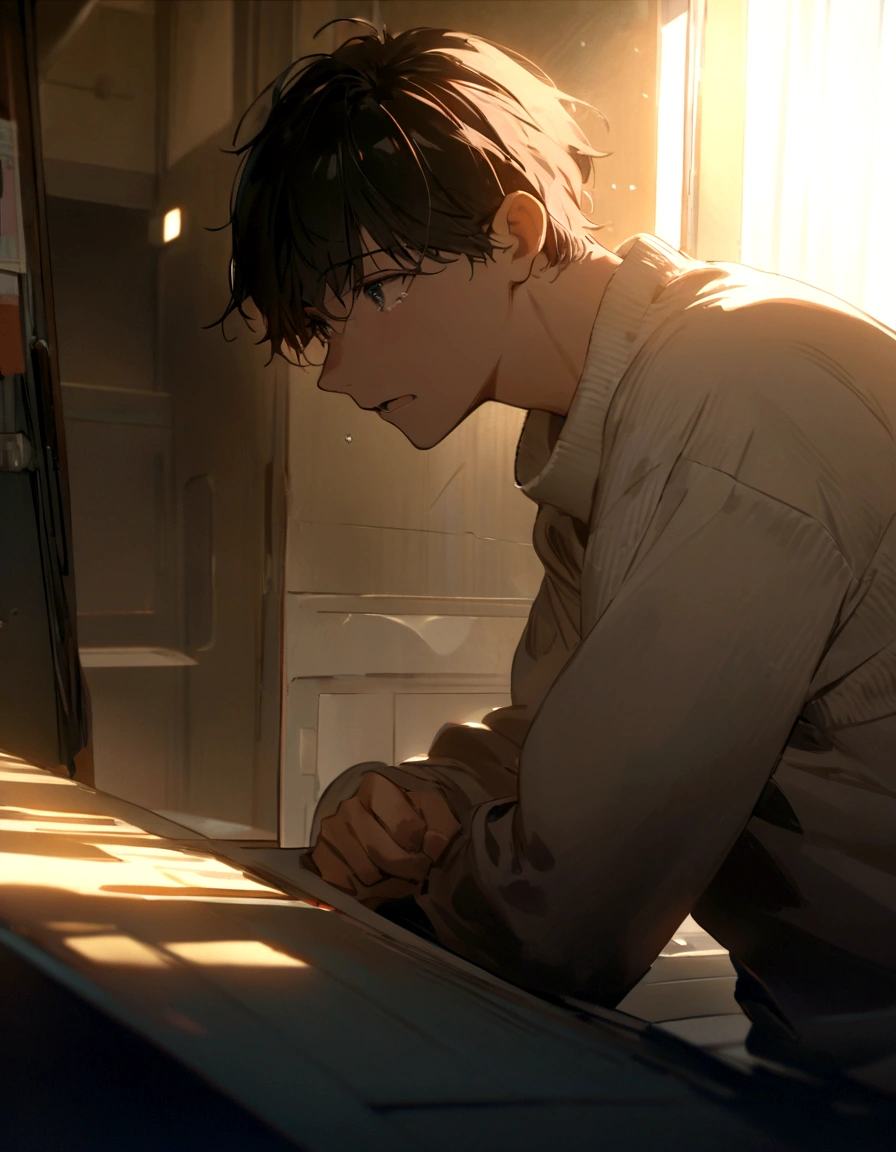 18 year old male with black hair wearing a white sweater, standing by the window in a hospital corridor, looking out the window with a sad expression, crying and laughing, (upper body display:1.5), (cinematic lighting:1.5), (extremely high detail:1.5), (best quality:1.5)