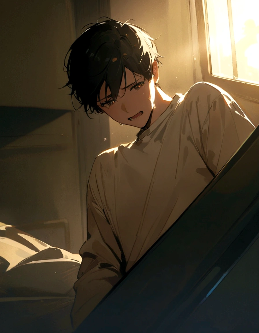 18 year old male with black hair wearing a white sweater, standing by the window in a hospital corridor, looking out the window with a sad expression, crying and laughing, (upper body display:1.5), (cinematic lighting:1.5), (extremely high detail:1.5), (best quality:1.5)