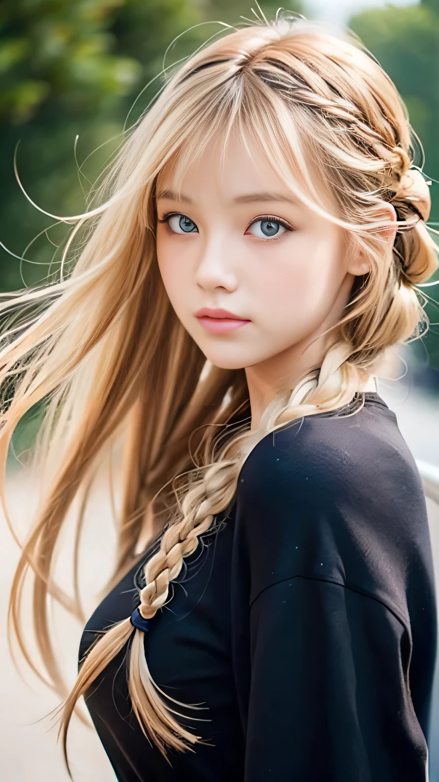Sexy Big 、Sexy cute looks and cute 15 year old beautiful girl, beautiful and sexy face、A strong wind blows my hair in front of my face、beautiful long blonde French braided hair、beautiful, Cute and sexy eyes hidden behind long bangs