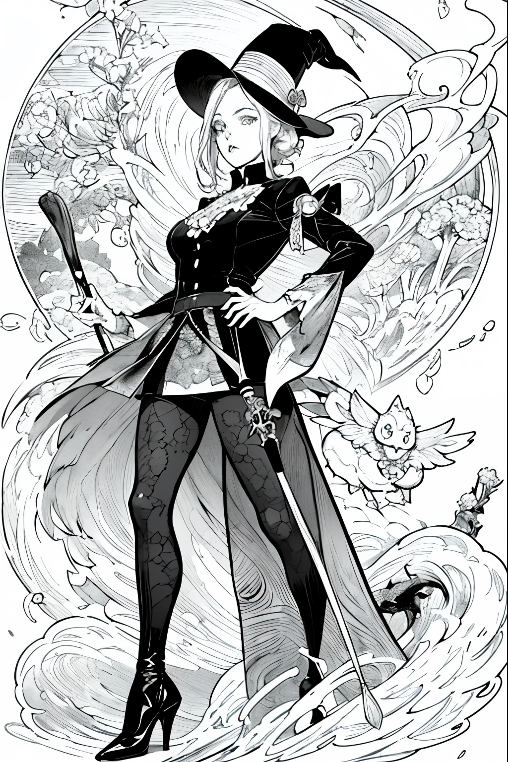 A painting of a costumed woman holding a hat and a walking stick, Manga drawn by Junpei Sato, Pixiv, Gothic art, pencil and Ink Manga, Beautiful line art, Pencil and ink cartoon, Shirow Masamuneスタイル, Shirow Masamune, Ink Manga, Very detailed fan art, Complex manga drawing