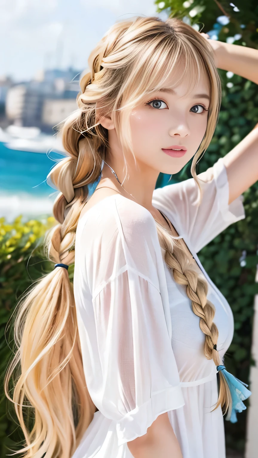 Sexy Big 、Sexy cute looks and cute 15 year old beautiful girl, beautiful and sexy face、A strong wind blows my hair in front of my face、beautiful long blonde French braided hair、beautiful, Cute and sexy eyes hidden behind long bangs