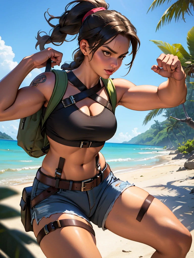 1 girl. Lara croft slim, largl breasts, toned, athletic. Brown hair in a long braided ponytail, brown eyes, wearing lara croft costume (light-blue halter-top, micro brown shorts, leather belt, tactical harness, canvas backpack.pistols.on a tropical beach.dynamic action pinup poses