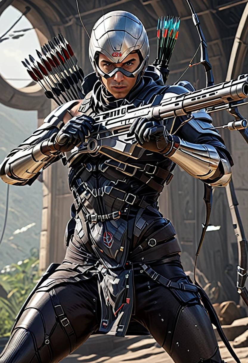 futuristic hawk eyes sharpshooter, archer, iconic stance uhd, 8k, epicrealism, ultra detailed