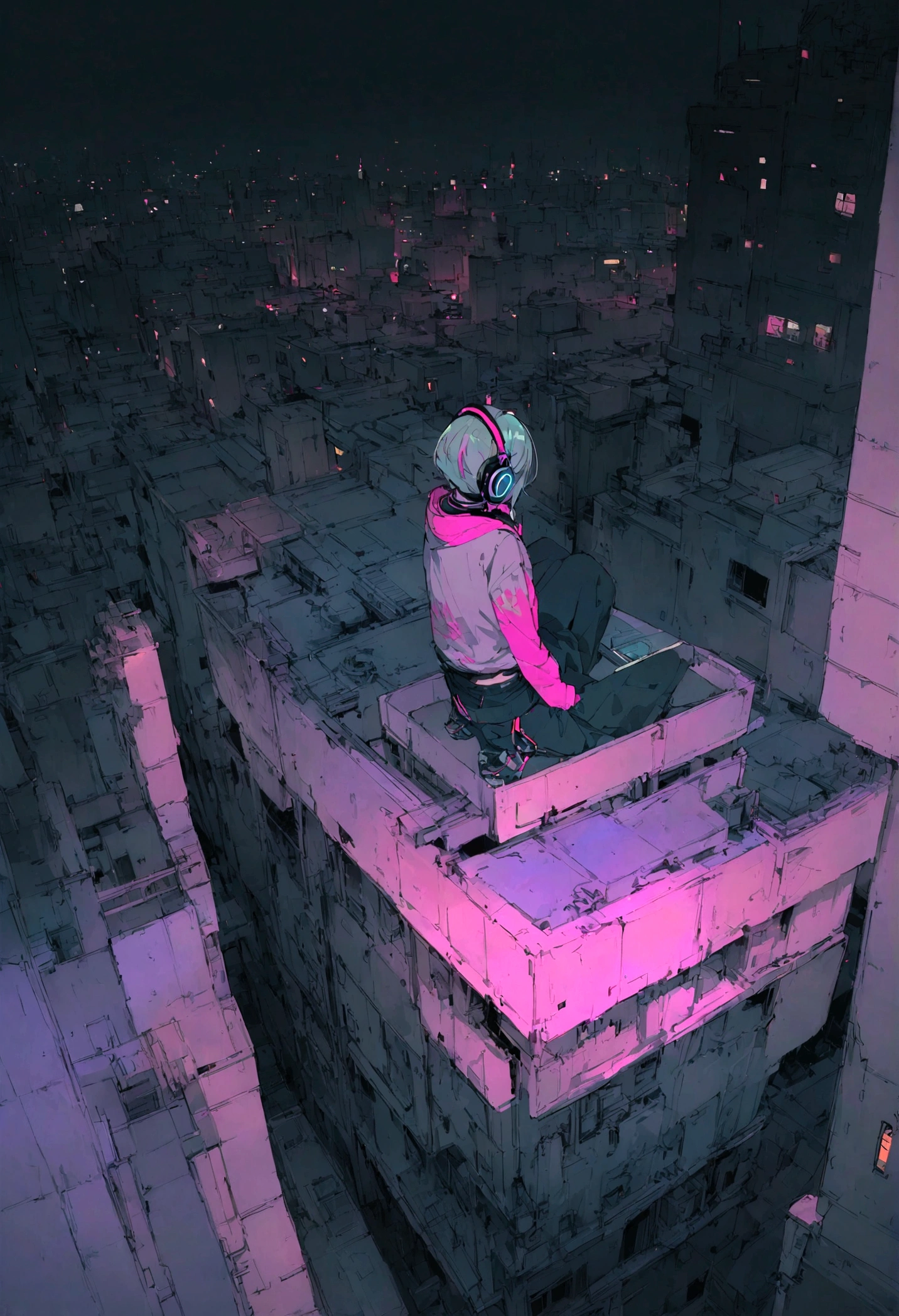 highest quality、masterpiece、night、Headphones、cyber punk、Cyber City、Sitting on high ground、Wide Shot、Looking down from the rooftop、High Position、Back view
