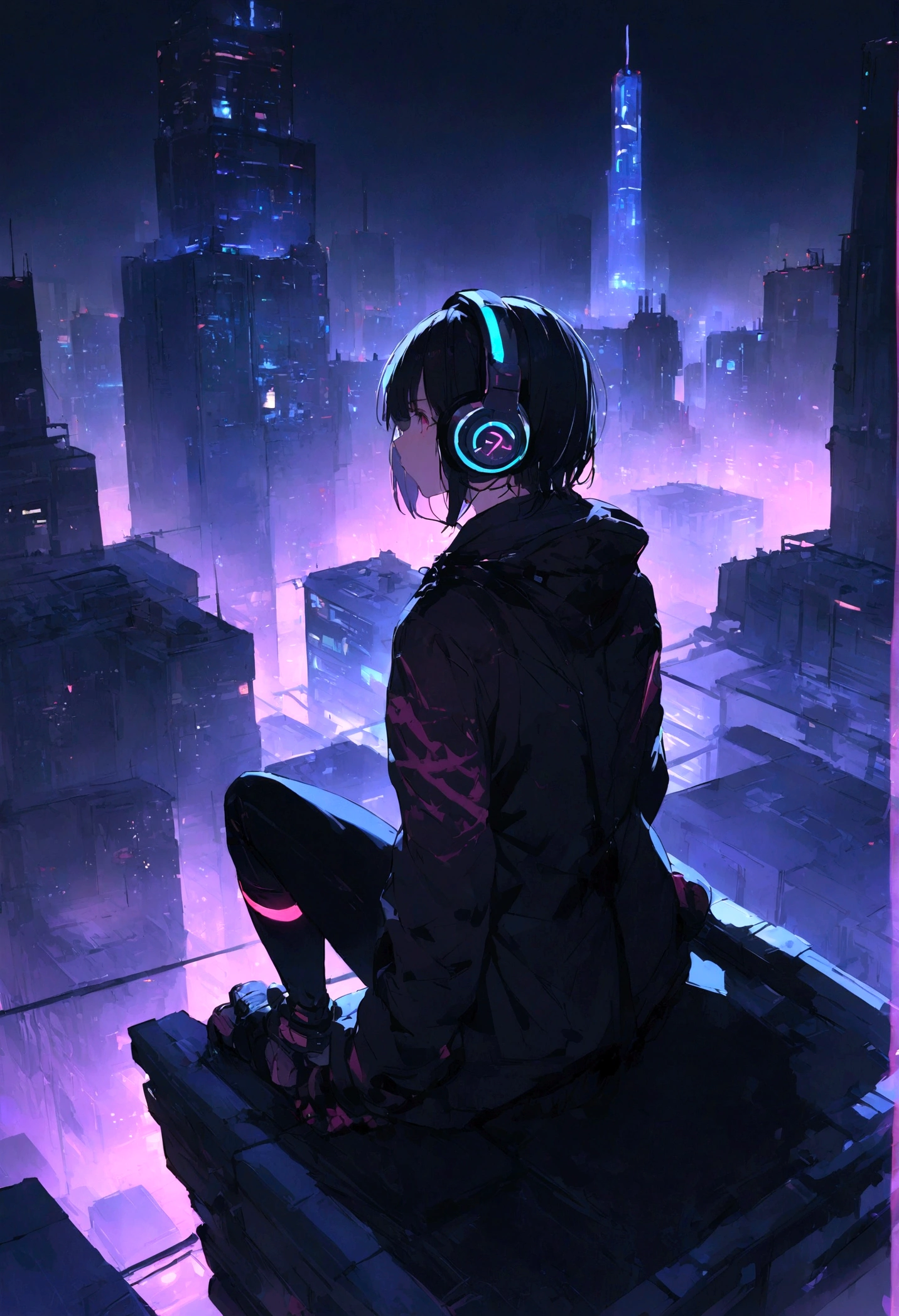highest quality、masterpiece、night、Headphones、cyber punk、Cyber City、Sitting on high ground、Wide Shot、Looking down from the rooftop、High Position、Back view